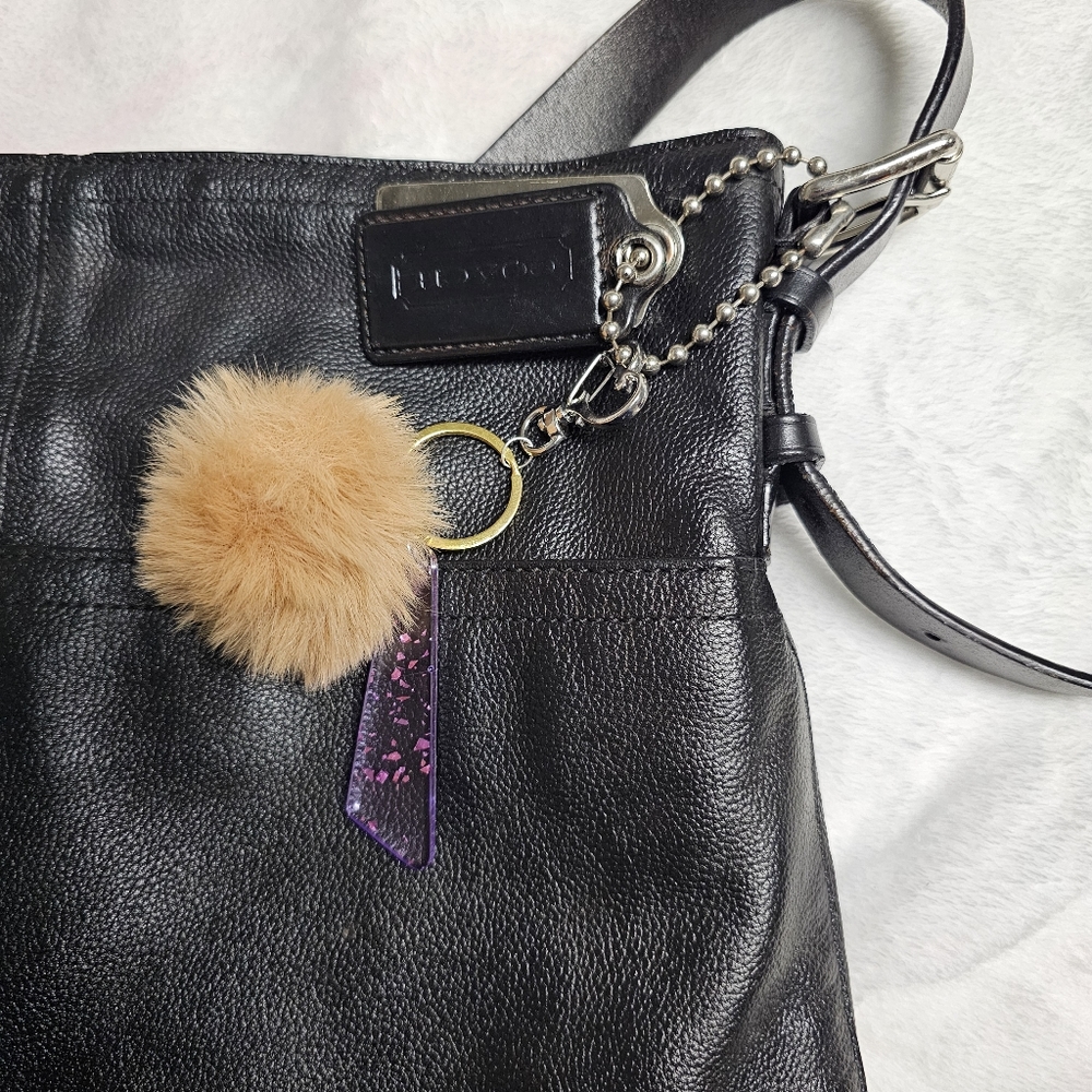 Beautiful Beacons Purple Sparkle Resin Dangle with Tan Fluff Purse Charm